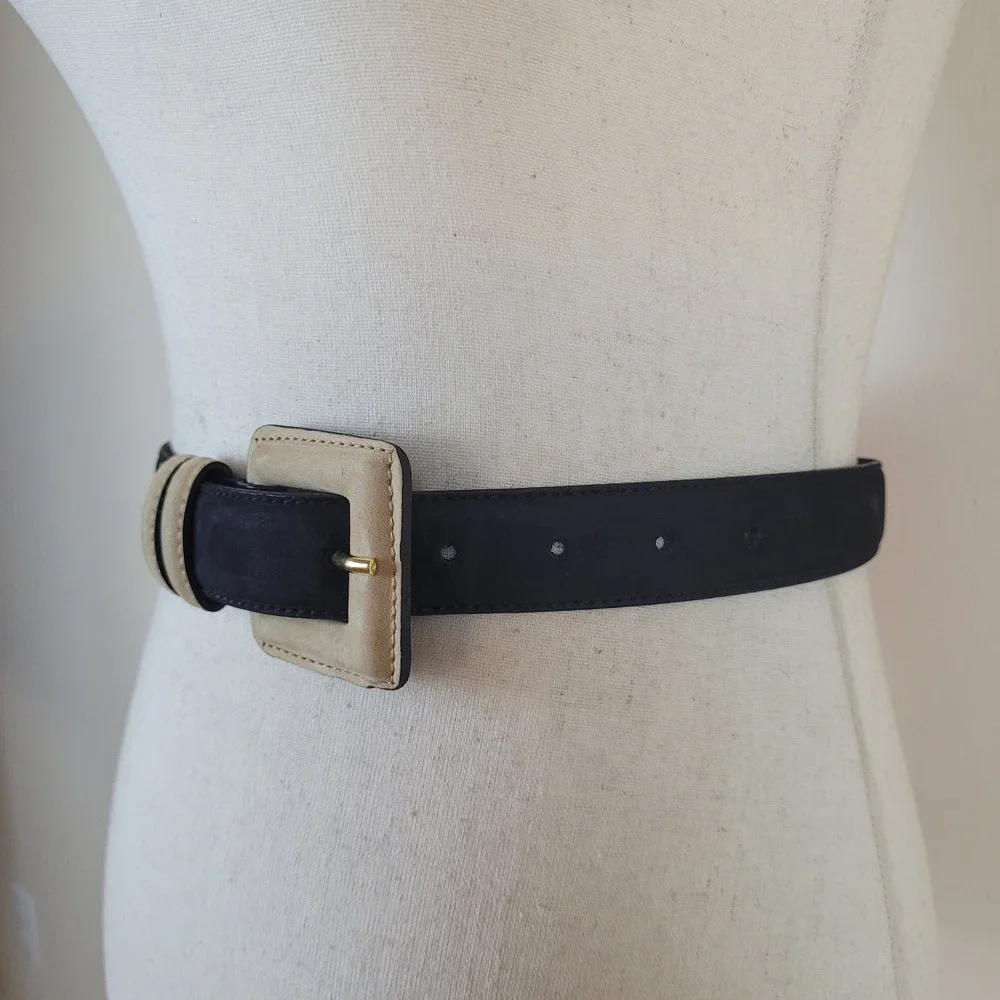 Jaeger Belt 30 Black Nubuck Leather Square Buckle Colorblock 90s Retro Two Tone